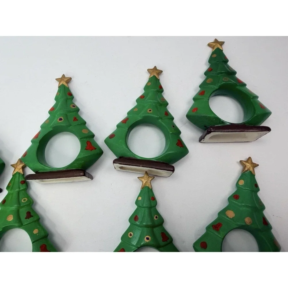 Hand painted Ceramic Christmas Tree Napkin Ring Holder Holiday Home Decor Lot 12